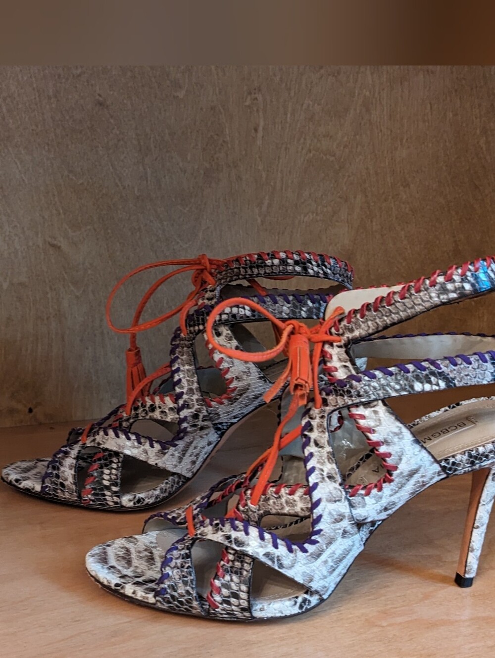 BCBGMaxAzria Multicolor Snakeskin Lace-Up Heeled Sandals with Orange Ties